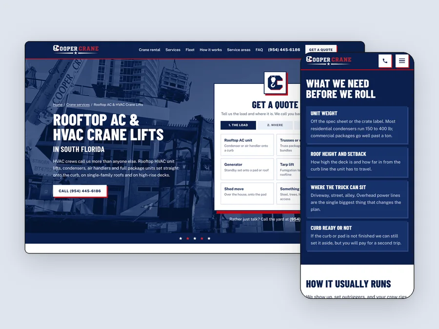 The Cooper Crane aC unit lifts page, live, on desktop and phone