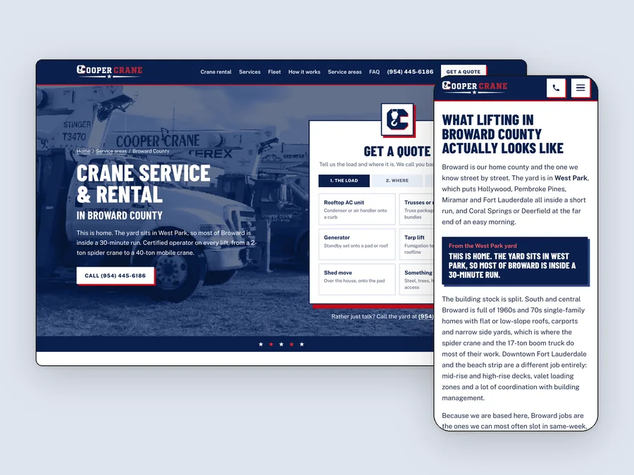 The Cooper Crane broward County page, live, on desktop and phone