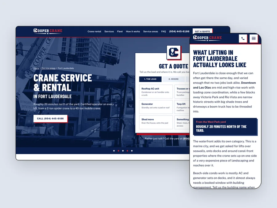 The Cooper Crane fort Lauderdale page, live, on desktop and phone