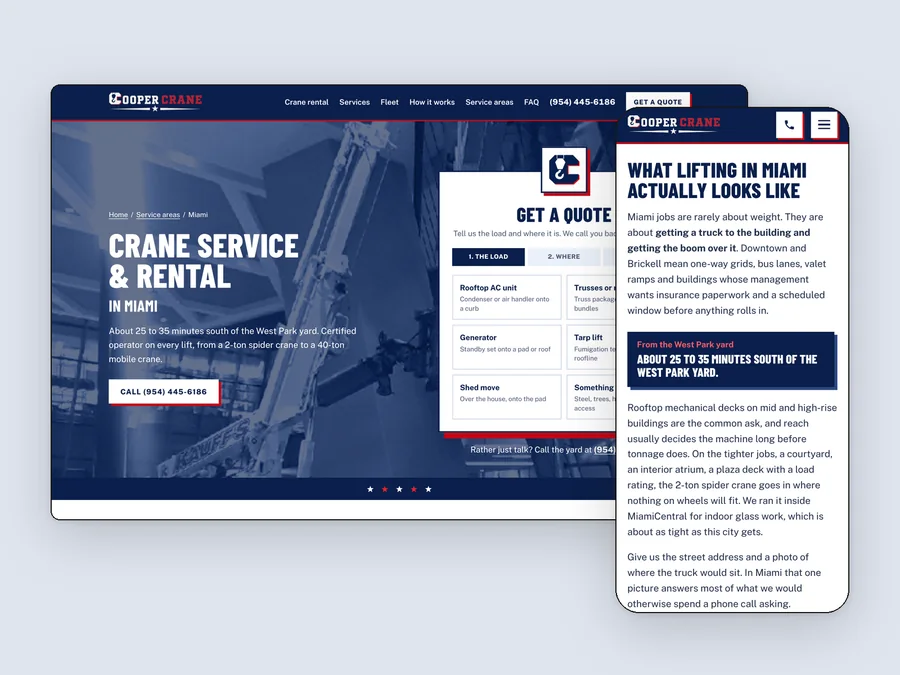 The Cooper Crane miami page, live, on desktop and phone