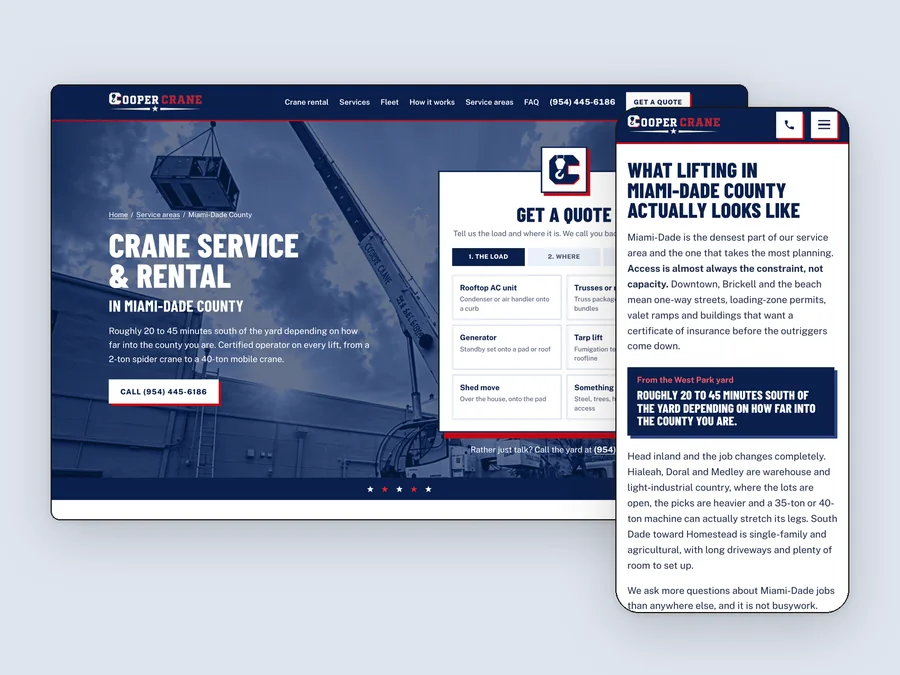 The Cooper Crane miami-Dade County page, live, on desktop and phone