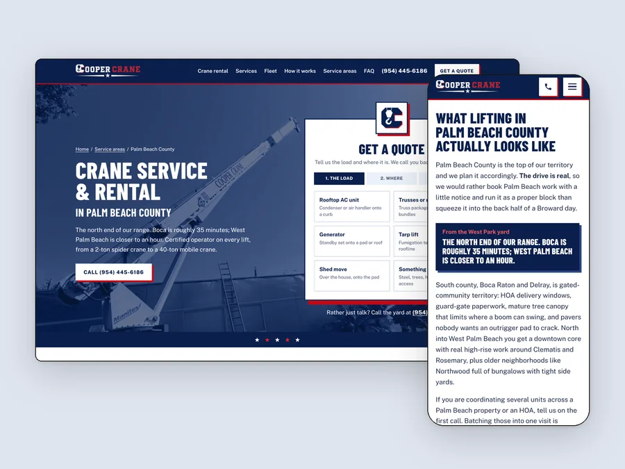 The Cooper Crane palm Beach County page, live, on desktop and phone
