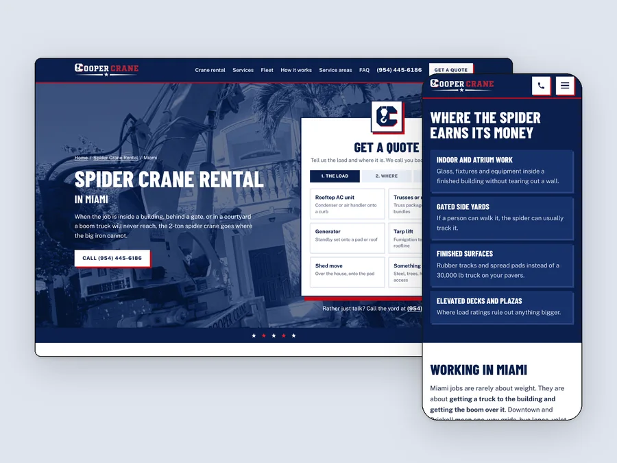 The Cooper Crane spider crane in Miami page, live, on desktop and phone