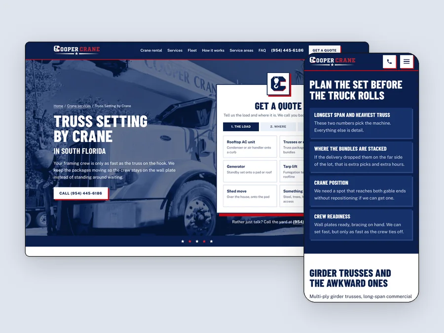 The Cooper Crane truss setting page, live, on desktop and phone