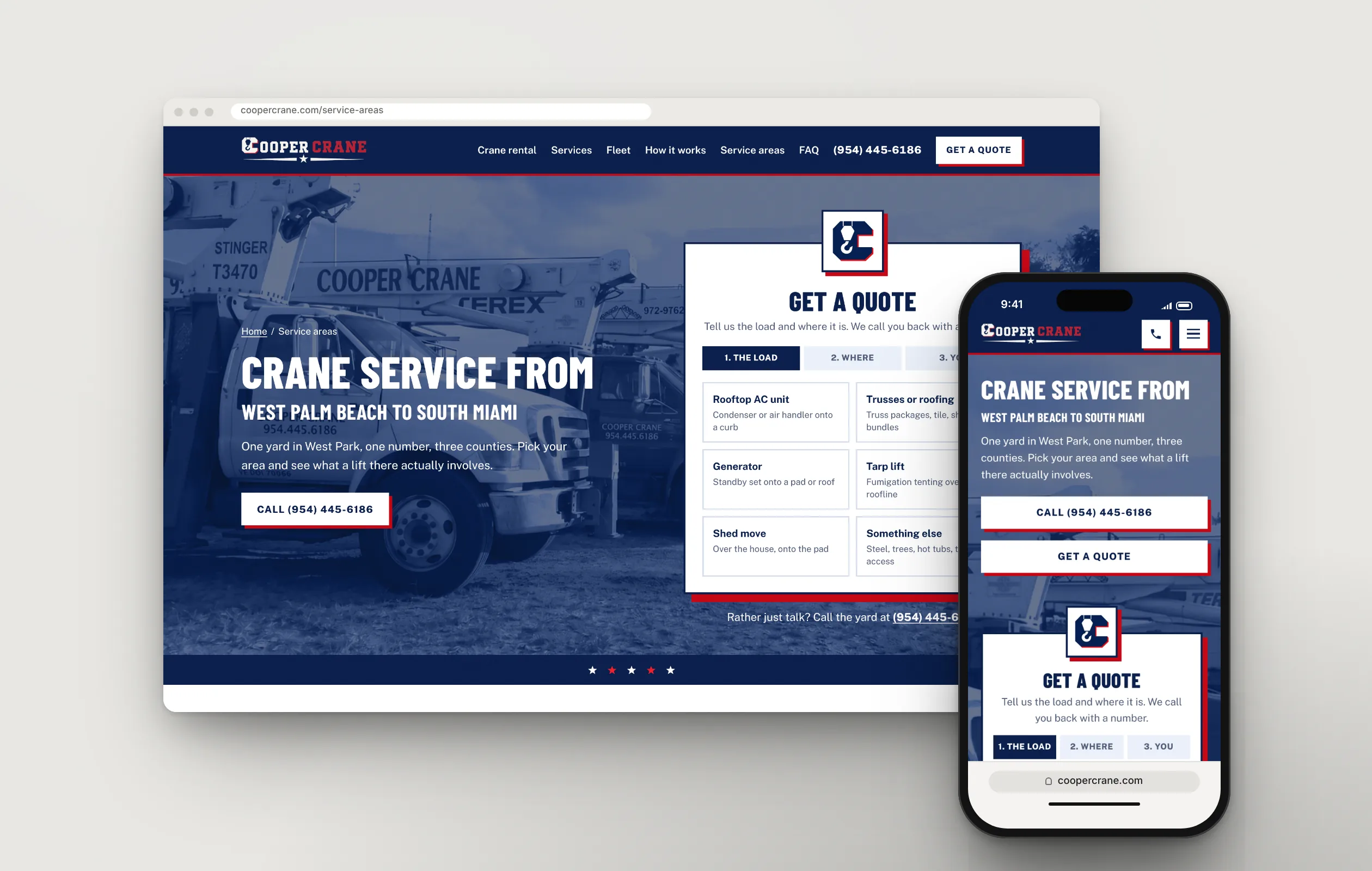 The Cooper Crane service areas page on a laptop browser and a phone