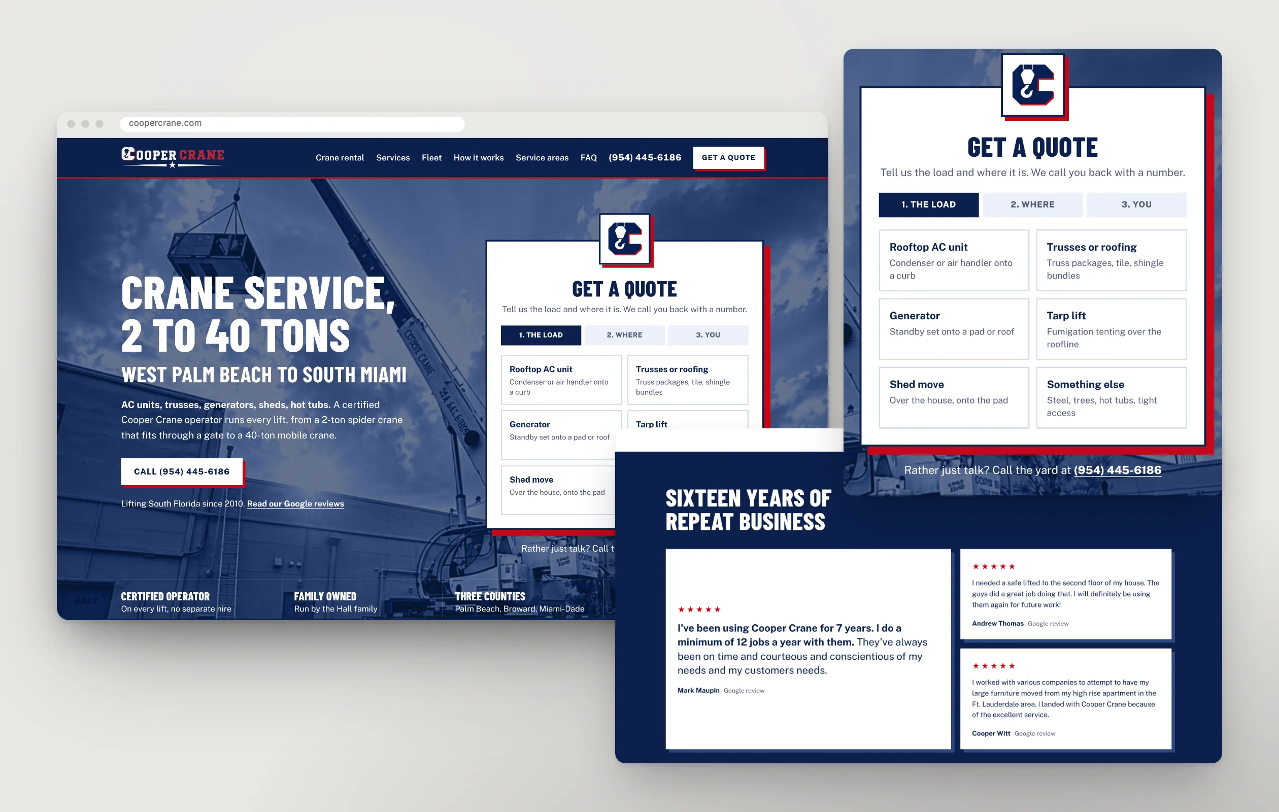 The Cooper Crane homepage in a browser beside its Get a Quote box and Google reviews