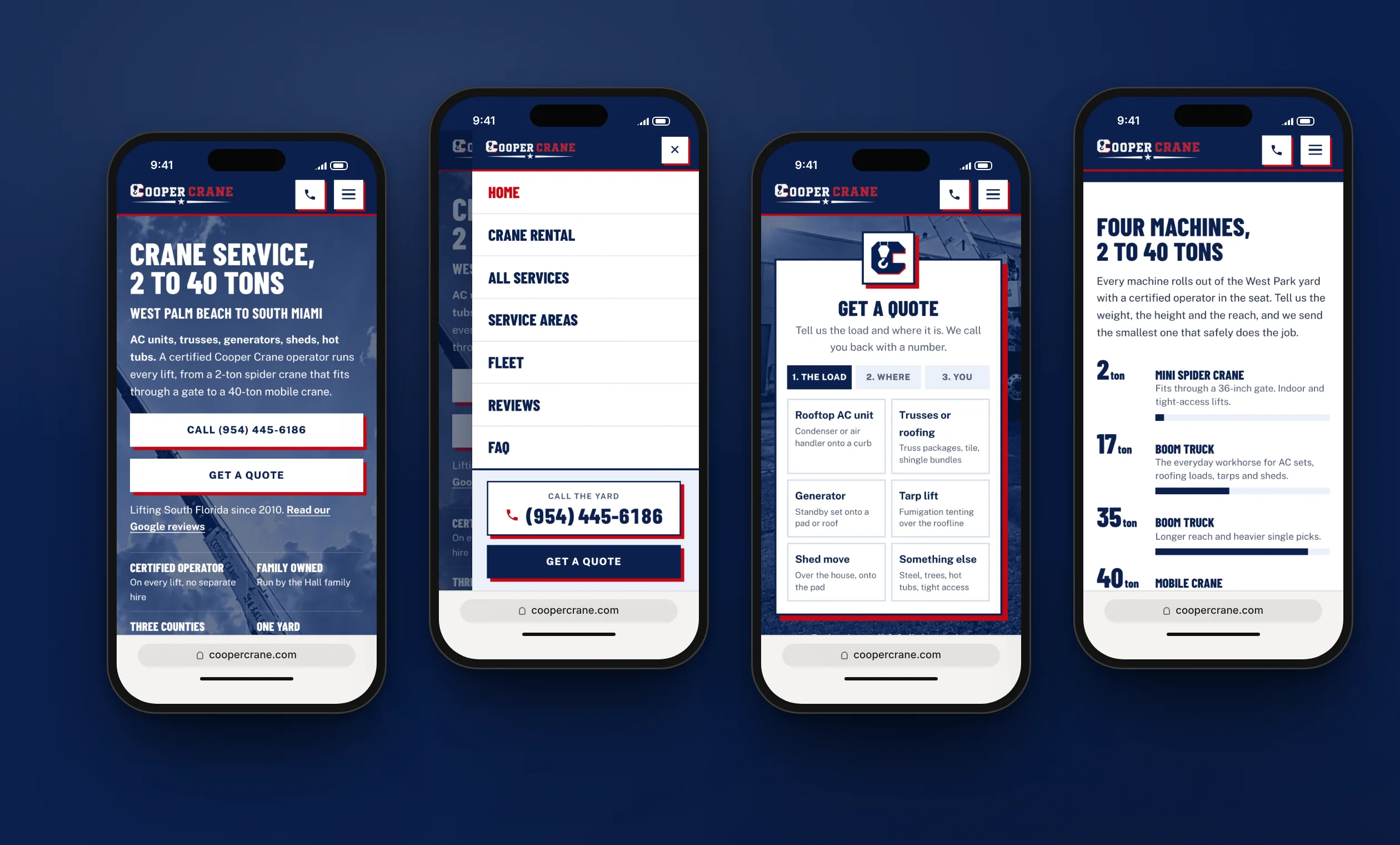 Four phones showing the Cooper Crane homepage, its open menu, the Get a Quote box and the fleet list, on navy