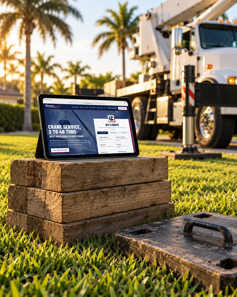 The Cooper Crane website on a tablet on wood cribbing in a backyard, with a boom truck behind it