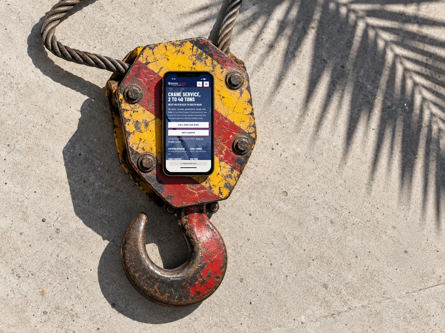 The Cooper Crane website on a phone set into a crane hook block on sunlit concrete