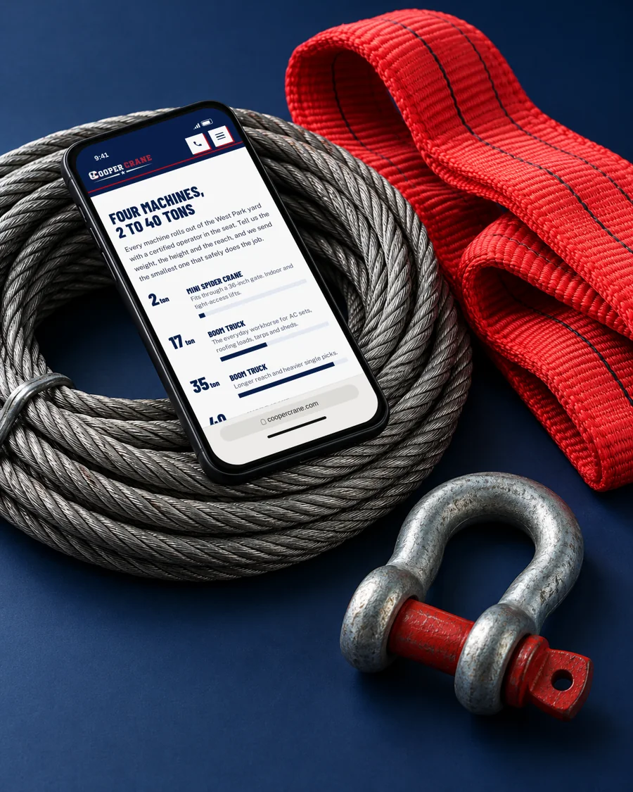 The Cooper Crane fleet section on a phone on a coil of wire rope, beside a red sling and a shackle