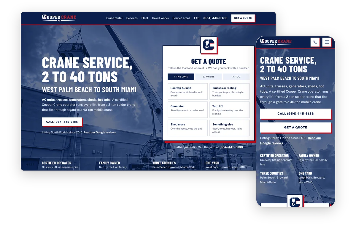 The Cooper Crane homepage, live, on desktop and phone