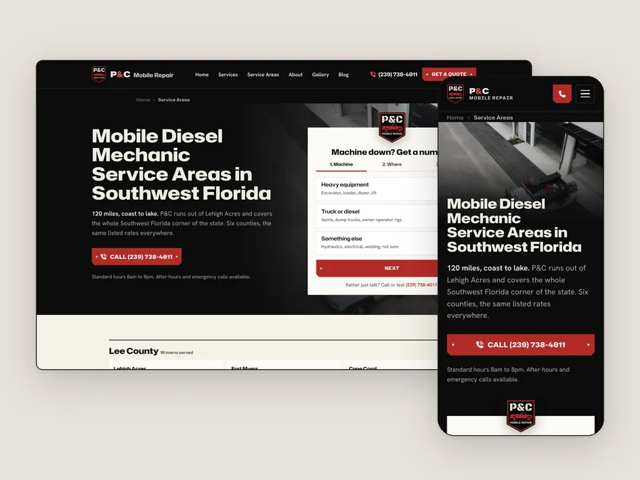 The P&C Mobile Repair service areas page, live, on desktop and phone