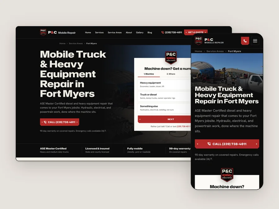 A page of the P&C Mobile Repair site, live, on desktop and phone