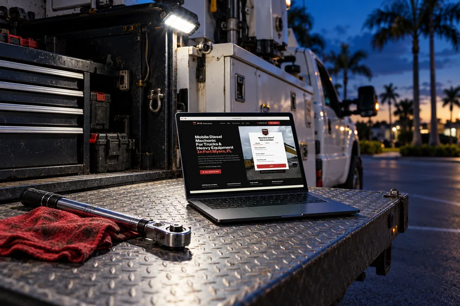 The P&C Mobile Repair website on a laptop on a diamond-plate truck tailgate at dusk, beside a torque wrench and a red shop rag