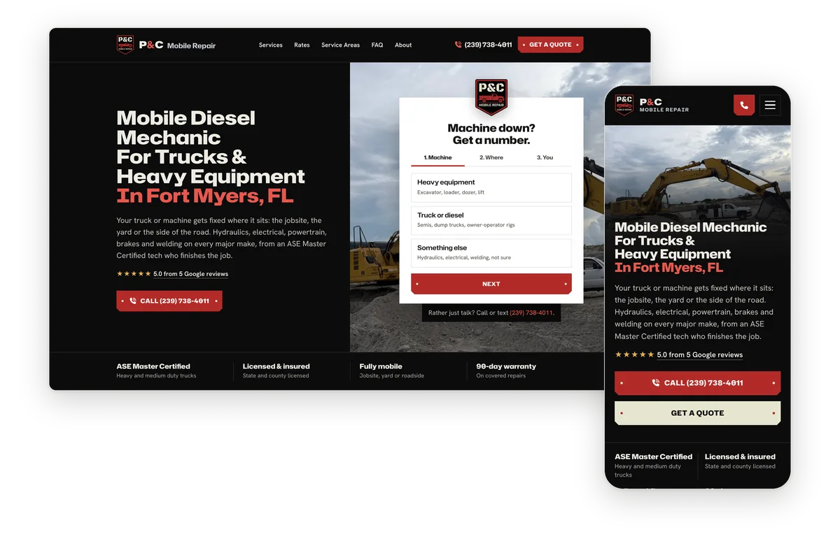 The P&C Mobile Repair homepage, live, on desktop and phone