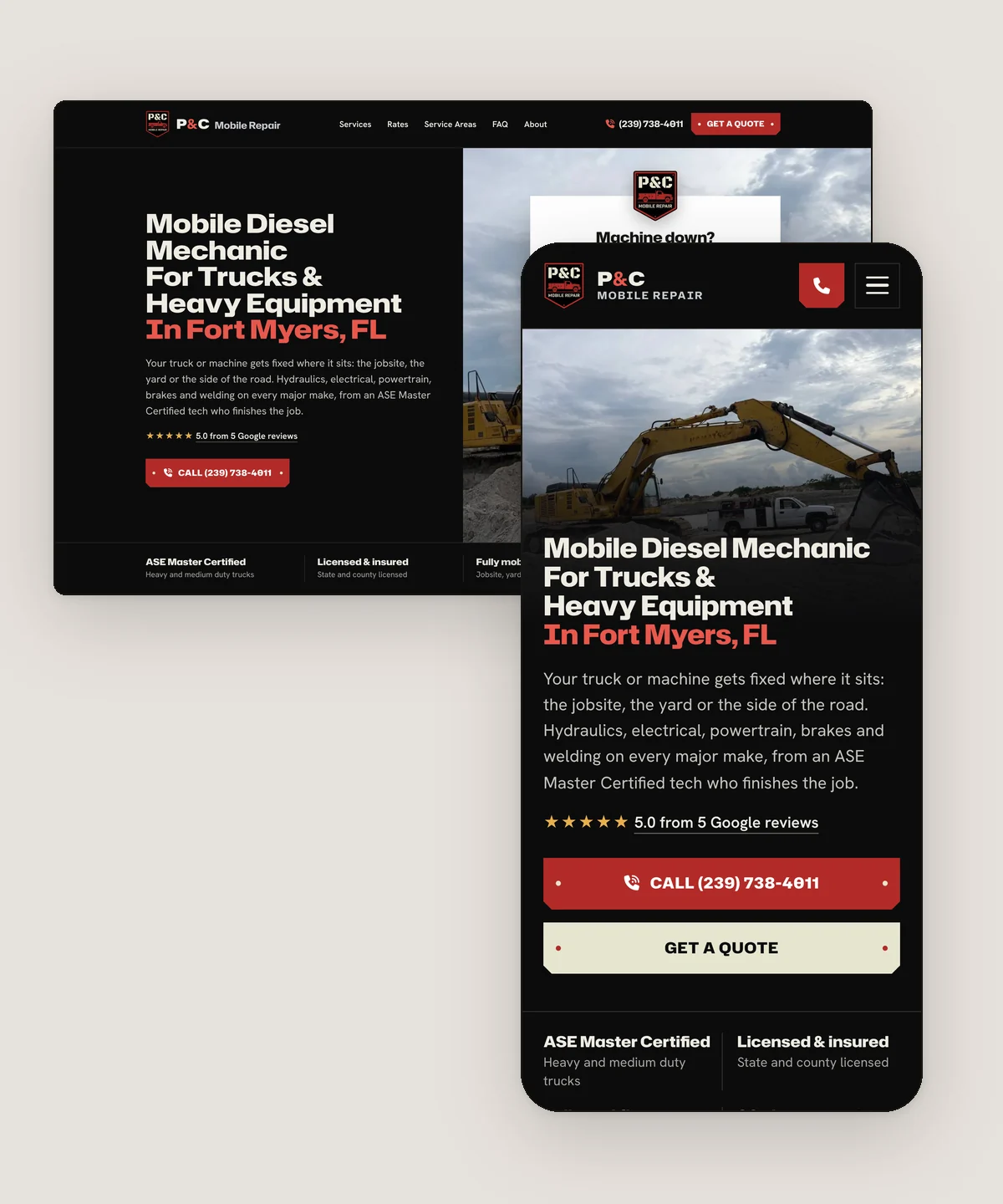 The P&C Mobile Repair homepage, live, on desktop and phone