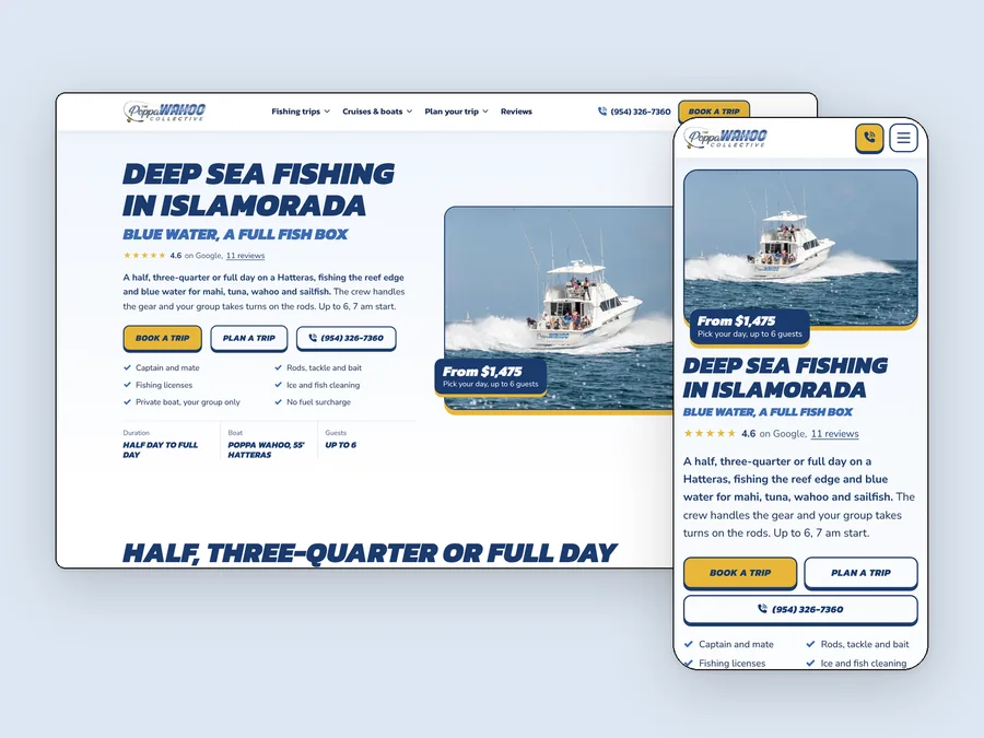The Poppa Wahoo deep sea fishing page, live, on desktop and phone