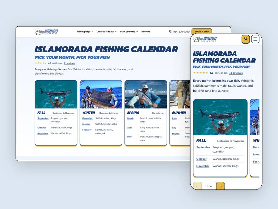 A page of the Poppa Wahoo site, live, on desktop and phone