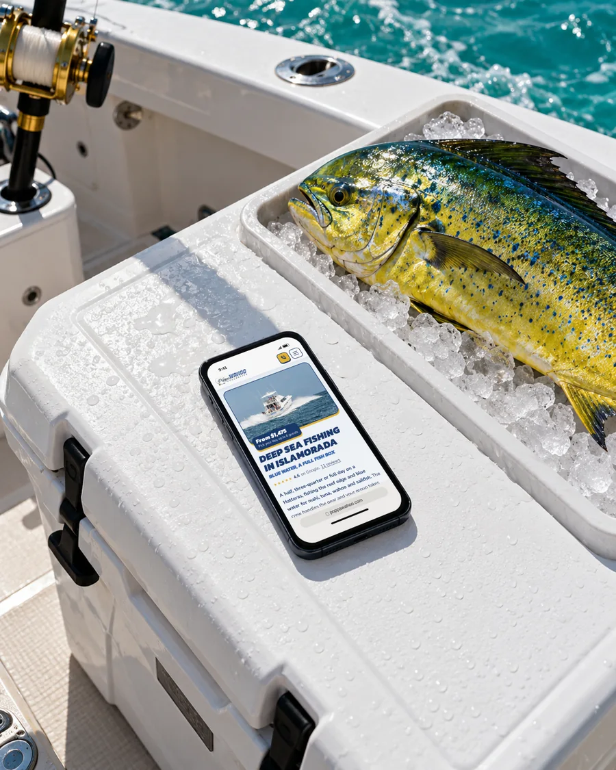 A Poppa Wahoo trip page on a phone on a cooler lid, beside a fresh mahi-mahi on ice