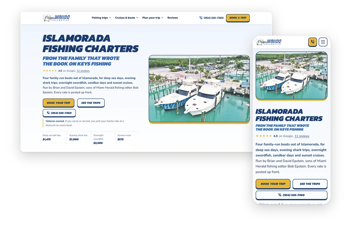 The Poppa Wahoo homepage, live, on desktop and phone