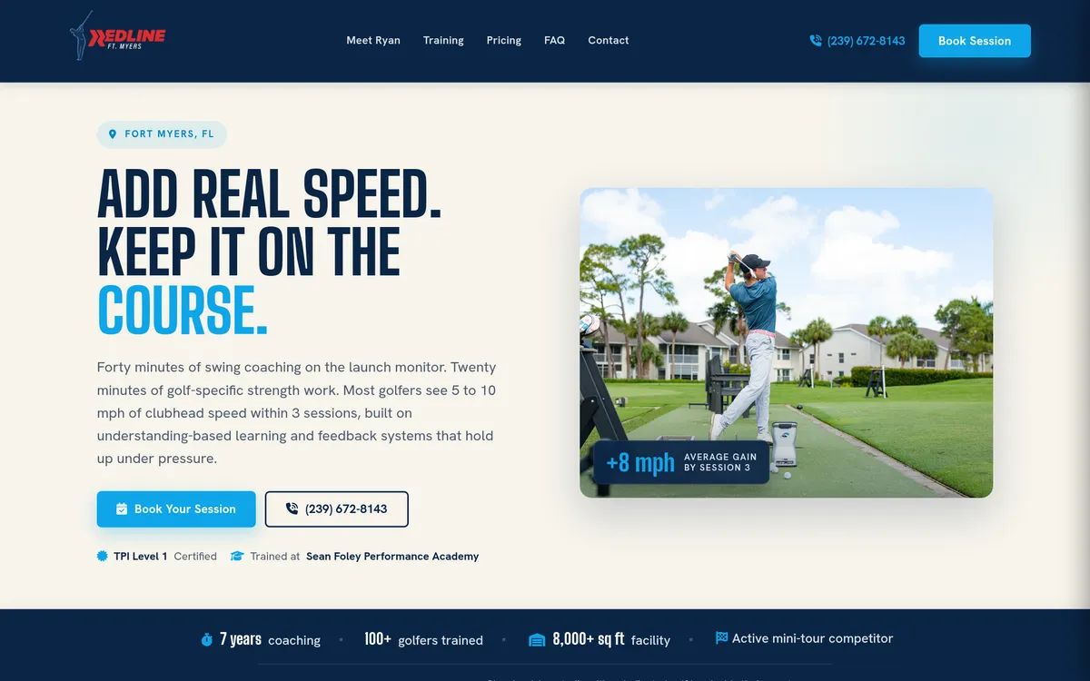 Redline Golf Academy homepage hero, a coaching site with booking funnel built by Cross Designs