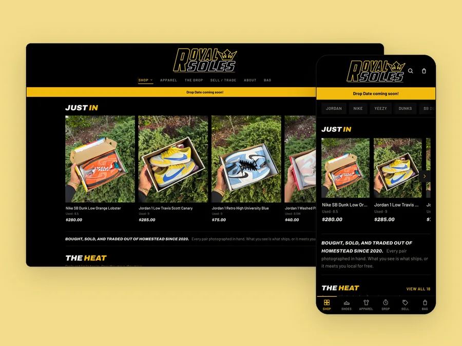 The Royal Soles homepage, live, on desktop and phone