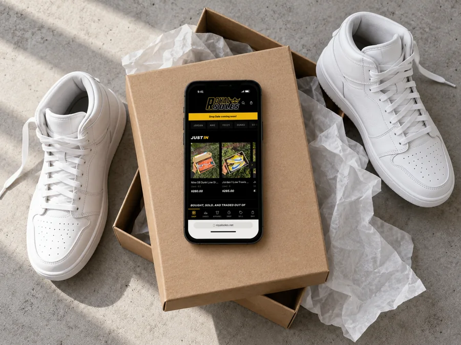 The Royal Soles store on a phone on an open sneaker box between two white sneakers