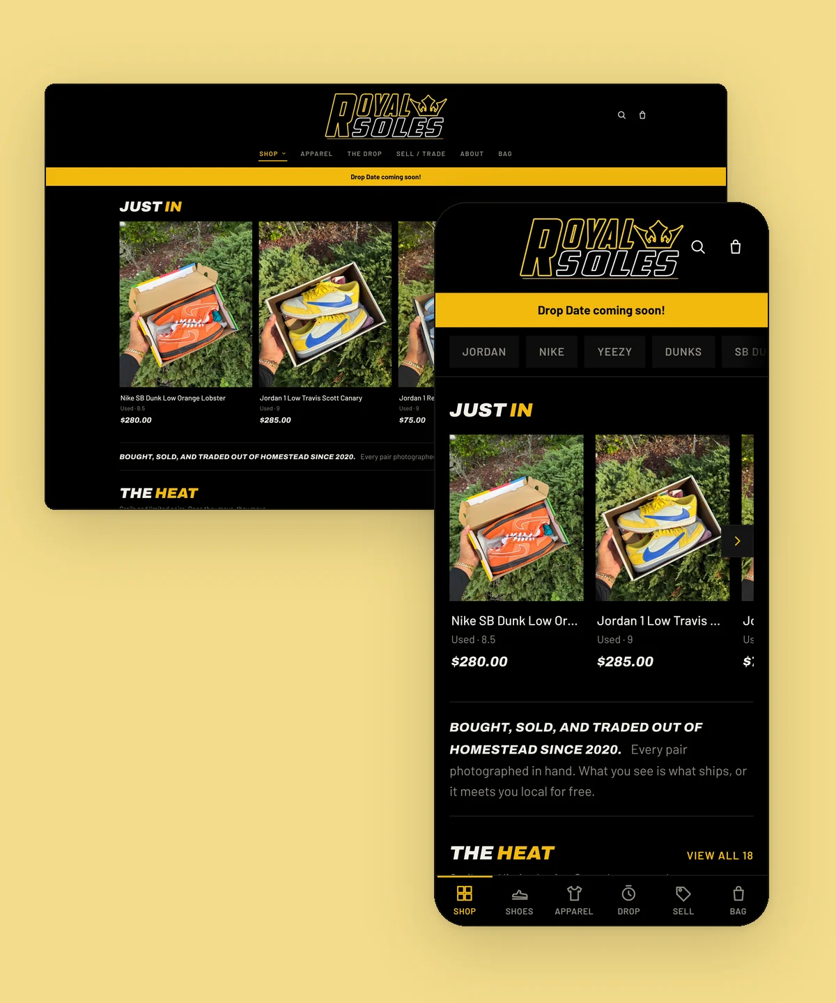 The Royal Soles homepage, live, on desktop and phone